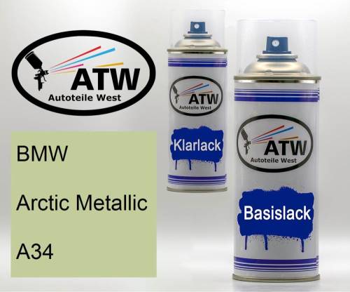 BMW, Arctic Metallic, A34: 400ml Sprühdose + 400ml Klarlack - Set, von ATW Autoteile West.